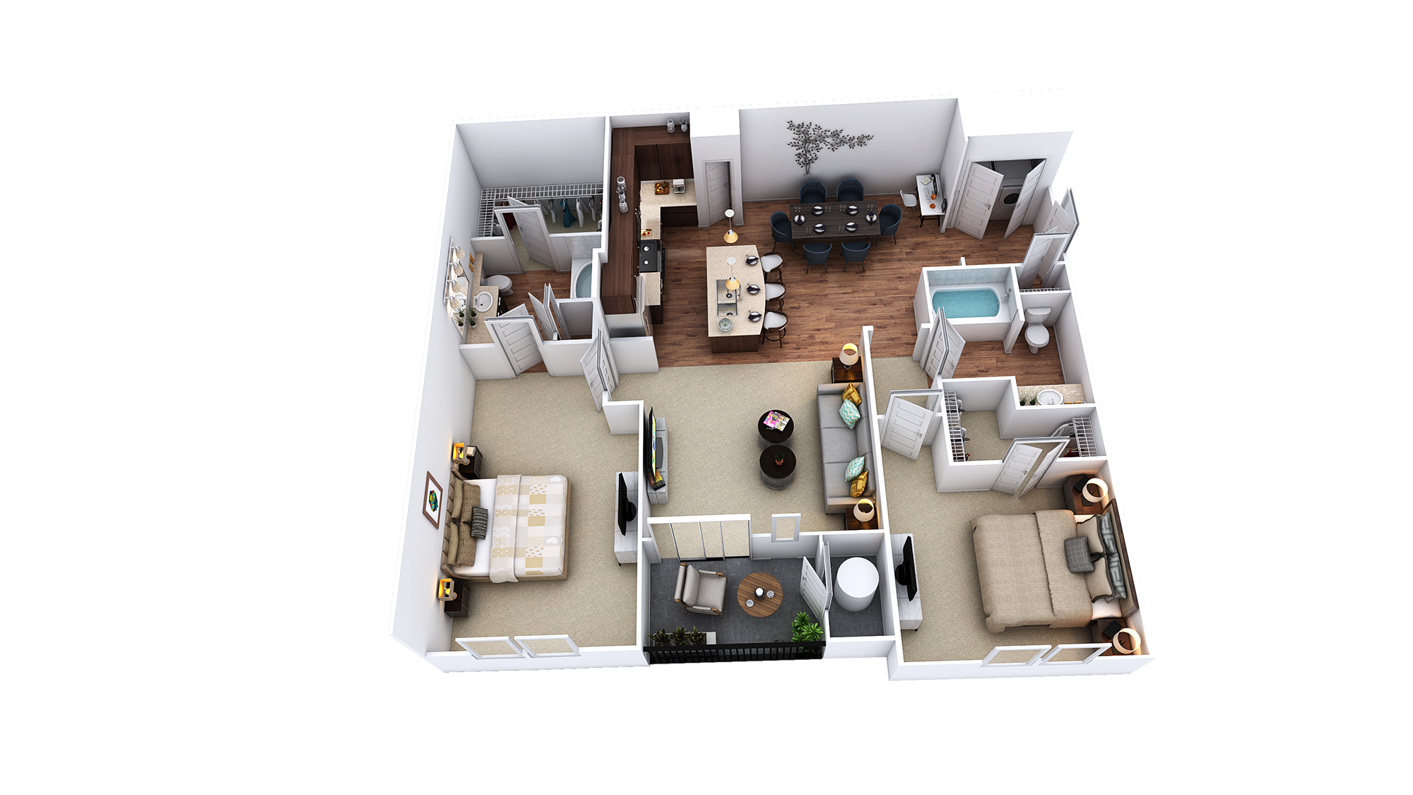 Floor plan for 2 beds, 2 baths, 1233 sqft